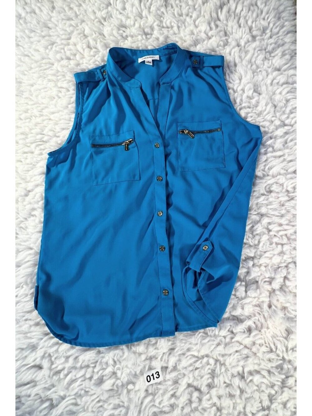 Calvin Klein Blouse Womens Lg Turquiose Blue Pockets Button Sleeveless Stretch - Picture 5 of 8